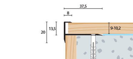 Schodová lišta vŕtaná zlatá matná 37,5x20 mm, hrúbka 9 -10,2 mm