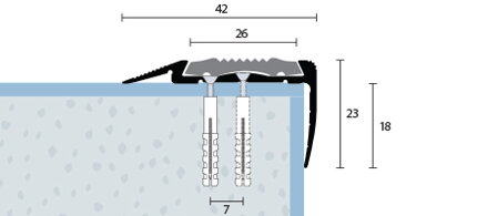 Schodová hrana dva krát vŕtaná s reflexnou žltou PVC vložkou strieborná matná 42x23 mm