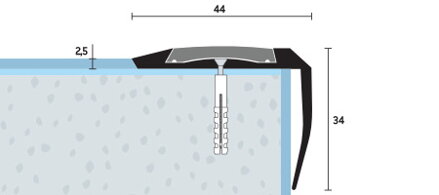 Schodová hrana vŕtaná s PVC vložkou 44x34 mm šampanská matná, hrúbka 2,5 mm