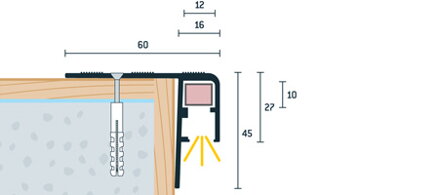 Schodová lišta vŕtaná bronzová matná* pre LED osvetlenie 60x45 mm